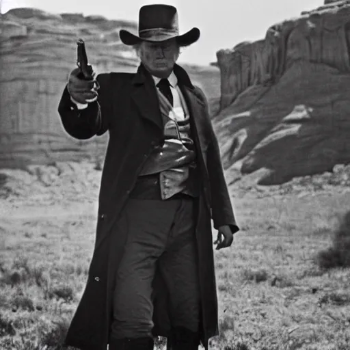 Image similar to an 1 8 0 0 s photo of donald trump playing the role of clint eastwood, squinting at high noon, in the style of a clint eastwood movie, the good, the bad and the ugly, clint eastwood, vibe, donald trump, glory days, mount rushmore, stern, resolve, formal, justice, american flag, independence, patriotism