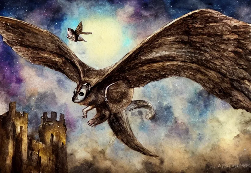 Image similar to epic winged possum flying over a medieval castle under a dark starred sky, dark fantasy, watercolor, dreaming illusion, highly detailed, 4k, trending on Artstation, award-winning