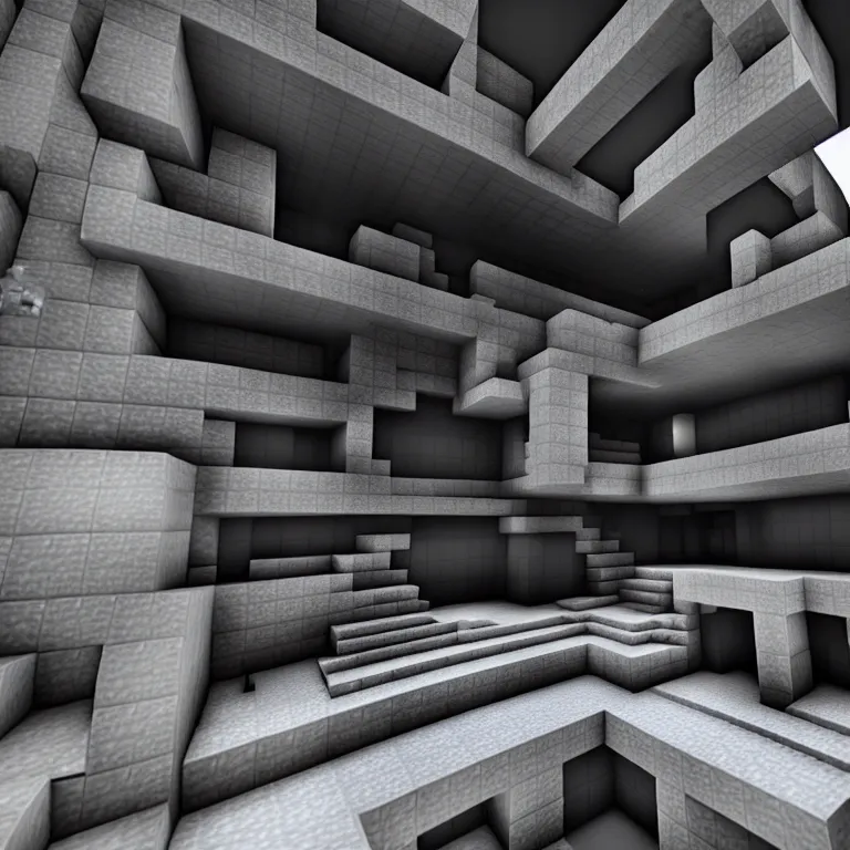 Image similar to Concrete gray multi-layered underground structure with multiple floors and a plus-shaped cleft in the center. Inside view, minecraft style, layers, straight lines, corners, high detailed, details, ultra realistic, photorealism, 8k, wide shot, symmetrical, render, brutalism, ray of light, architecture, volumetric lighting, cinematic, shadows