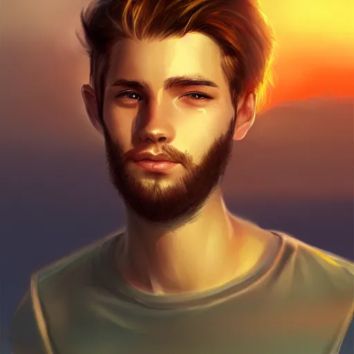 Prompt: young man with a light beard, beautiful sunset, high definition, concept art, digital painting, art by Bowater and Charlie