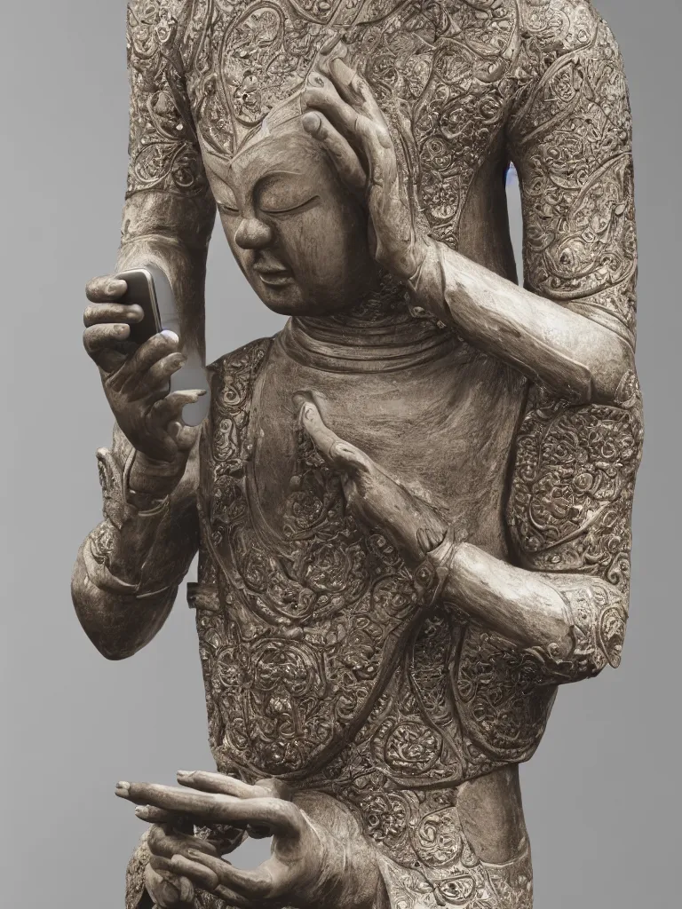 Prompt: beautiful detailed sculpture of meditating buda looking at a smartphone, in a gallery setting, influenced by greg rutkowsk. professional studio photo, full object in middle, soft lighting, centered, 1 5 0 mm lens, high definition