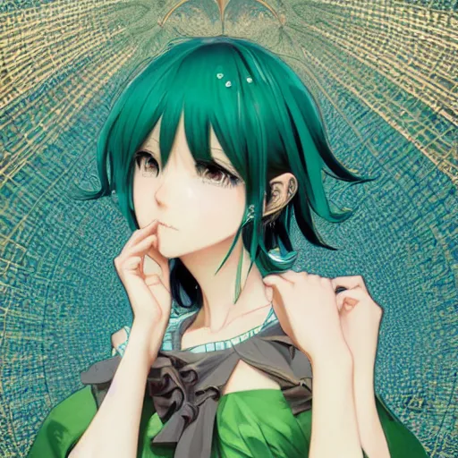 Image similar to hatsune miku short hair, anime style, hyper detailed, light green dress, illustration, digital painting, art by artgerm and greg rutkowski and alphonse mucha, high delicate defined details, anime stylized, highly detailed, realistic, sharp focus, styled by rhads