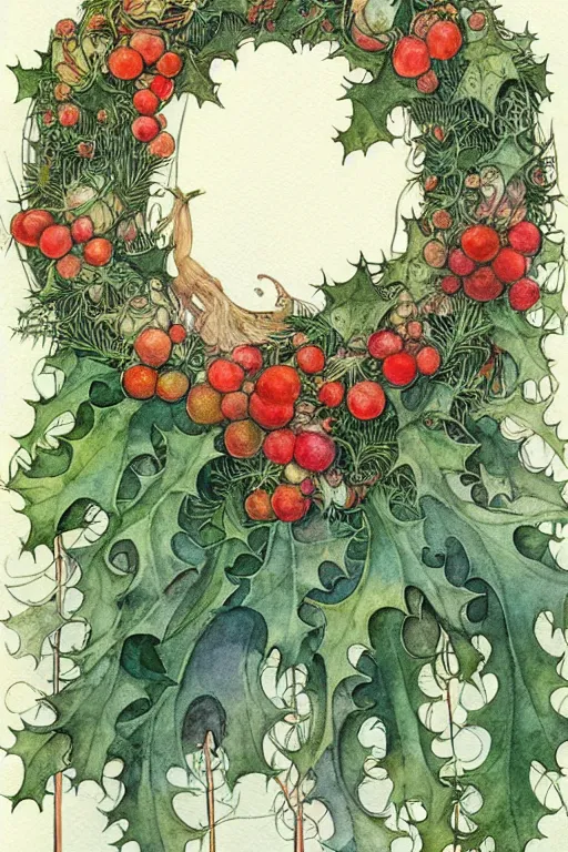 Prompt: realistic watercolor painting of one wreath of holly centered on a white background, detailed art by kay nielsen and walter crane, illustration style, watercolor