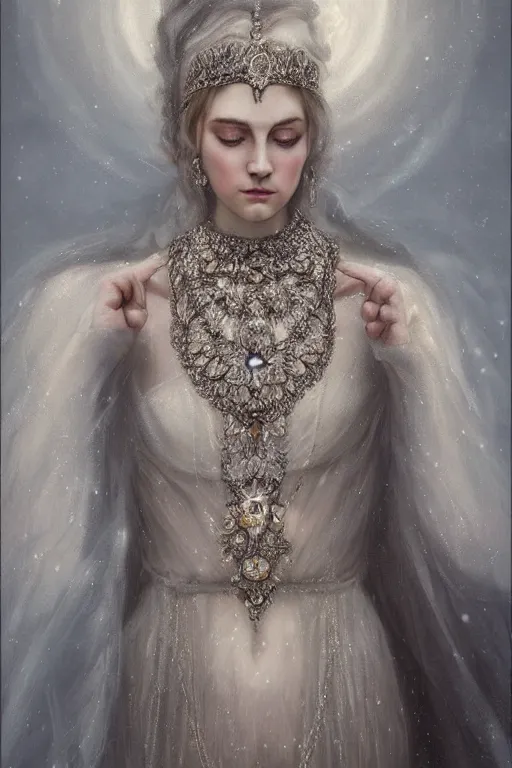 Prompt: full - body - portrait of a beautiful stunning peaceful majestic ice queen wearing intricate jewelry, oil on canvas, baroque style, perfect symmetrical face, mood lighting, ornate and elegant, winter, philosophical, dreamlike, ethereal, painterly, 🌚, digital art, detailed, trending on artstation