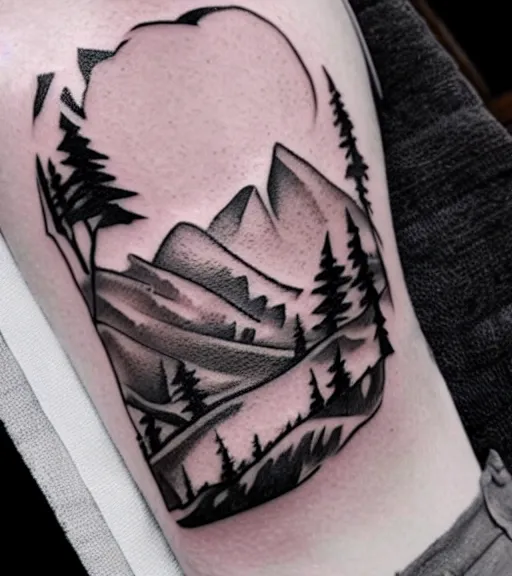 Image similar to creative double exposure effect tattoo design sketch of margot and beautiful mountains and nature, mountain scenery, realism tattoo, in the style of matteo pasqualin, amazing detail, sharp