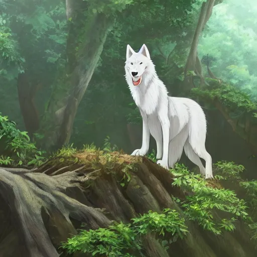 Image similar to highly detailed digital art of a magestic white wolf standing on an overgrown fallen tree trunk, lush surroundings, sunshine, kimi no na wa, trending on artstation, tranquil