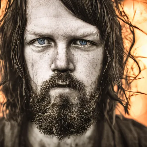 Image similar to Dennis Ritchie, grungy, unkept hair, glowing eyes, modelsociety, radiant skin, huge anime eyes, RTX on, perfect face, directed gaze, intricate, Sony a7R IV, symmetric balance, polarizing filter, Photolab, Lightroom, 4K, Dolby Vision, Photography Award