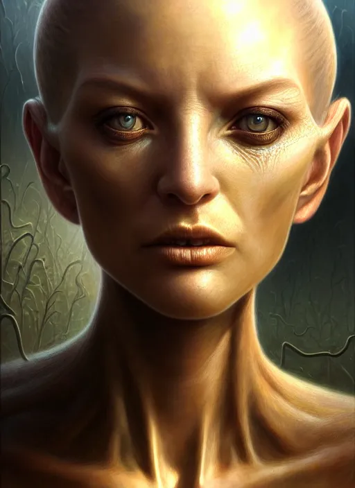 Image similar to closeup portrait shot of a alien female in a scenic dystopian environment, intricate, elegant, highly detailed, centered, digital painting, artstation, concept art, smooth, sharp focus, illustration, artgerm, tomasz alen kopera, peter mohrbacher, donato giancola, joseph christian leyendecker, wlop, boris vallejo