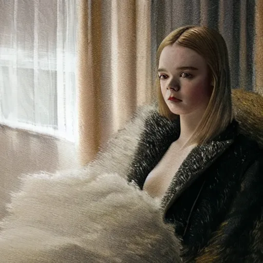 Prompt: Elle Fanning sitting on a white leather chair in the world of Samuel Adoquei, head and shoulders portrait, stormy weather, extremely detailed masterpiece, oil on canvas, low-key neon lighting, artstation, Blade Runner 2049, Roger Deakin’s cinematography, by J. C. Leyendecker and Peter Paul Rubens and Edward Hopper and Michael Sowa,