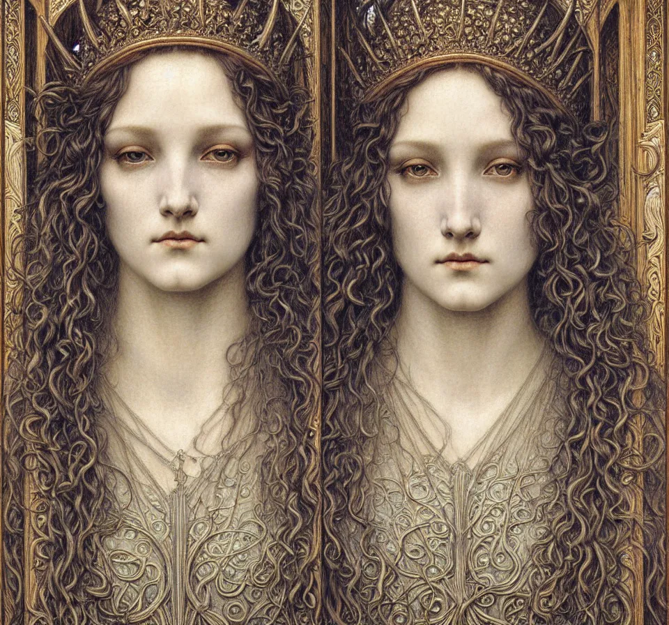 Image similar to detailed realistic beautiful young medieval queen face portrait by jean delville, gustave dore and marco mazzoni, art nouveau, symbolist, visionary, gothic, pre - raphaelite. horizontal symmetry