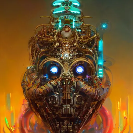 Image similar to portrait biomechanical spider king, cyberpunk, bionics, augments, lights, cables, elegant gleaming intricate baroque jewellery, colorful, vivid, imposing, epic, digital painting, artstation, concept art, by peter mohrbacher and wlop and rhads,