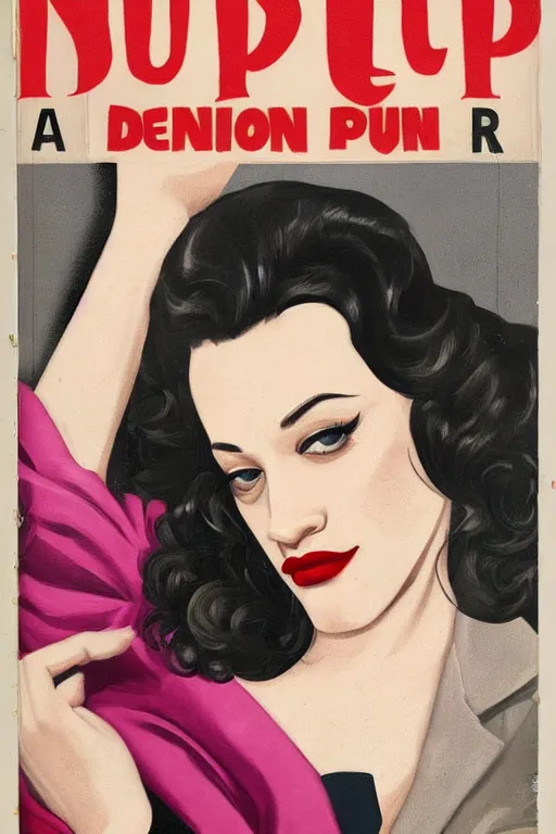 Prompt: A Pulp Noir book cover featuring a portrait of featuring Kat Dennings looking at camera, medium close up, by Mark Brooks