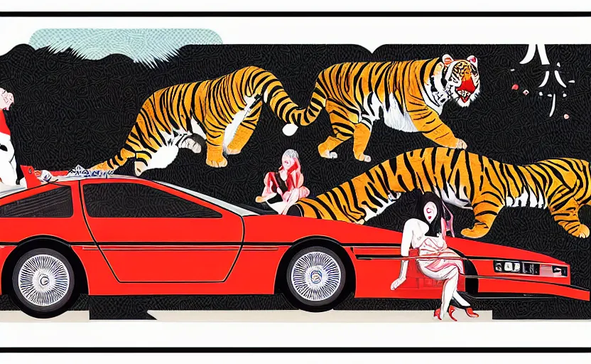 Image similar to a red delorean and yellow tiger, art by hsiao - ron cheng & utagawa kunisada in magazine collage style,