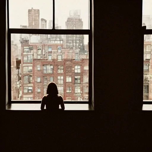 Prompt: “ a girl holding a cup of coffee looking out a window overlooking the east village in new york city, morning light, by gregory crewdson ”