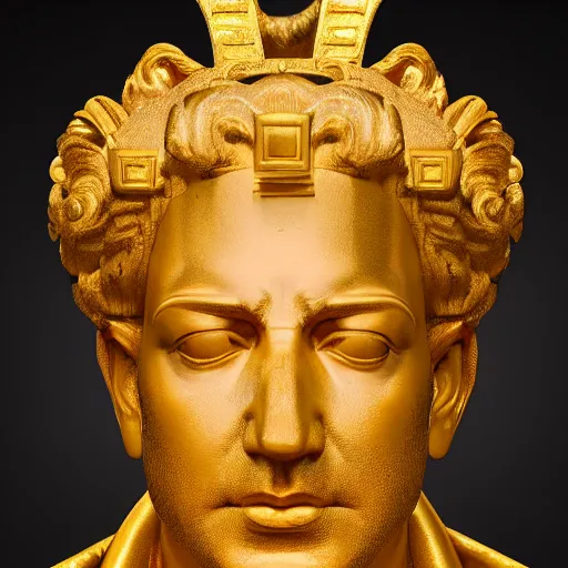 Image similar to portrait of jeff bezos in the form of a giant greek statue in pure gold, with a gold crown, baroque elements in the background, museum. intricate artwork by michelangelo. photorealistic. ultra detailed. flash. octane render. cinematic. 4 k bokeh.