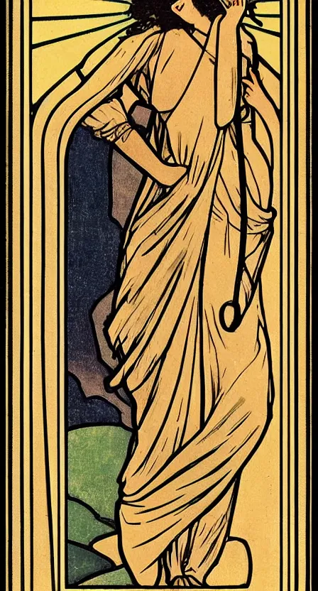 Image similar to a tarot card of a person walking off a cliff and carrying a hobo sack, illustrated in an art deco style by tamara de lempika and an elegant border by alphonse mucha.