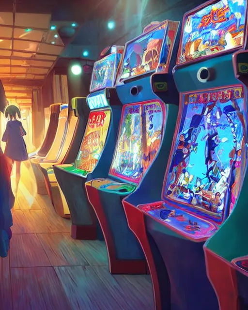 Image similar to a girl at the arcade, full shot, visible face, ambient lighting, detailed, very modern anime style, art by hayao miyazaki, makoto shinkai