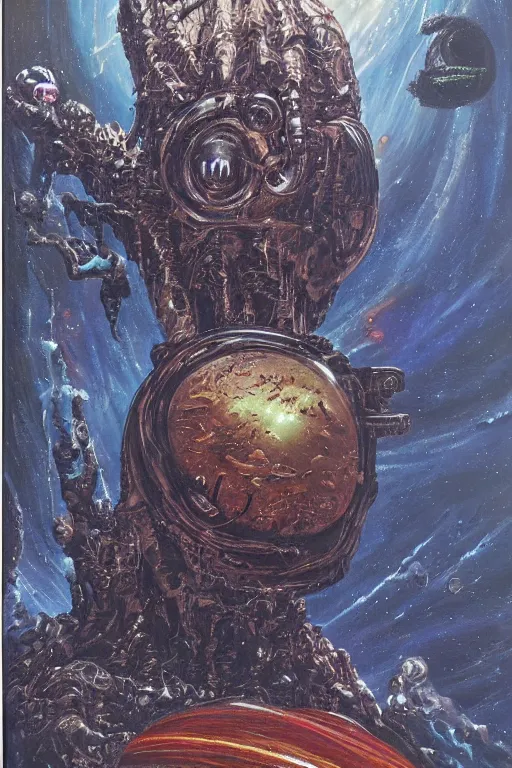 Prompt: space horror by jack vance, mike mignogna, highly detailed, vintage dark sci fi, oil painting