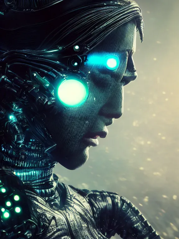 Image similar to portrait art of 8k ultra realistic retro futuristic ninja, lens flare, atmosphere, glow, detailed,intricate,blade runner, cybernetic, full of colour, cinematic lighting, trending on artstation, 4k, hyperrealistic, focused, extreme details,unreal engine 5, cinematic, masterpiece, art by ayami kojima, giger