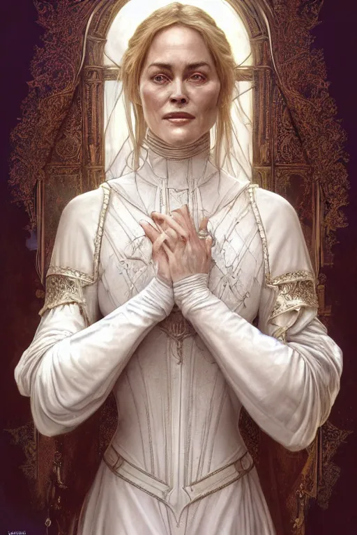 Prompt: beautiful and victorian and holy and divine and elite young medieval Sharon Stone in white armor knight portrait +shiny eyes+front face with light flowing hair, ultradetail face, art and illustration by tian zi and craig mullins and WLOP and alphonse mucha, fantasy, intricate complexity, human structure, human anatomy, fantasy character concept, watermark, blurry, hyperrealism 8k