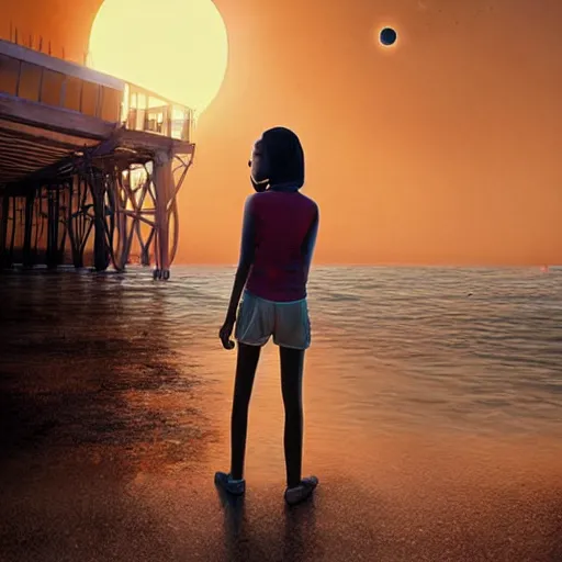 Image similar to A 14-year-old Sudanese girl, standing on the end of a pier in Indonesia, watching Mars appear above the setting sun, low angle, beautiful digital art by Greg Rutkowski