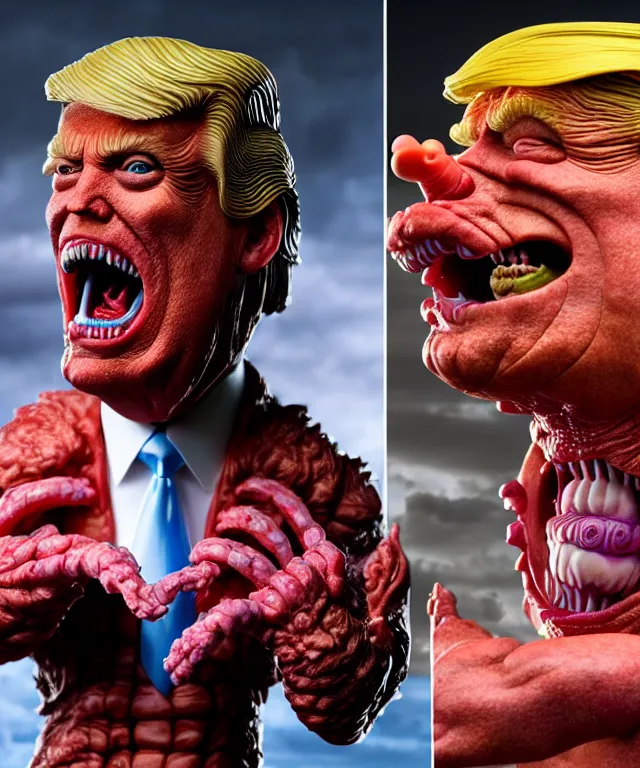 Image similar to hyperrealistic rendering, epic boss battle, cronenberg flesh monster donald trump, by art of skinner and richard corben, product photography, collectible action figure, sofubi, hottoys, storm clouds, outside, lightning