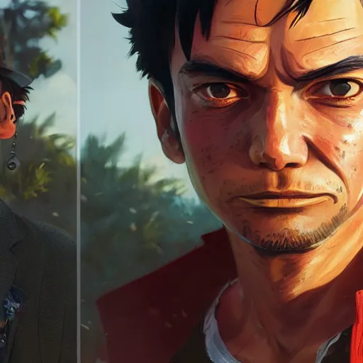 Image similar to highly detailed portrait luffy in gta v, stephen bliss, unreal engine, fantasy art by greg rutkowski, loish, rhads, ferdinand knab, makoto shinkai and lois van baarle, ilya kuvshinov, rossdraws, tom bagshaw, global illumination, radiant light, detailed and intricate environment