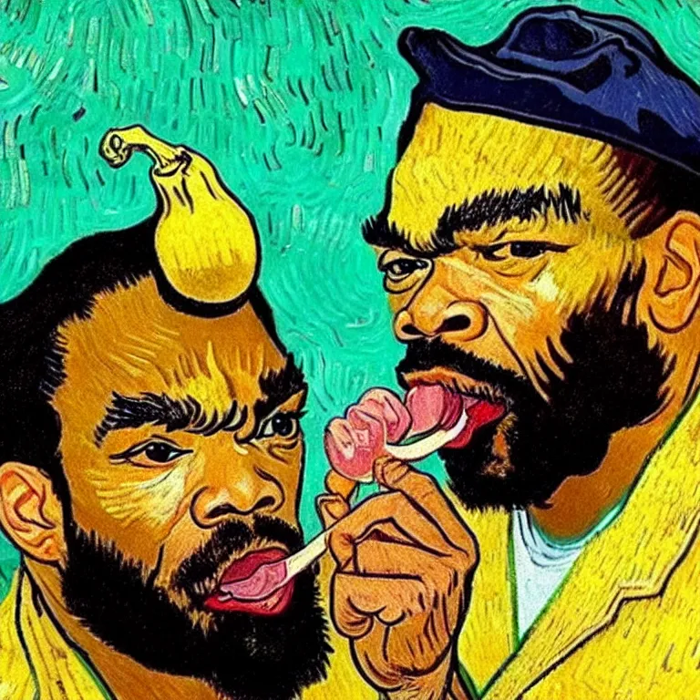 Image similar to method man licking a banana in the style of van gogh