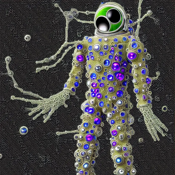 Image similar to a cybernetic symbiosis of a single astronaut mech-organic eva suit made of pearlescent wearing anodized thread knitted shiny ceramic multi colored yarn thread infected with kevlar,ferrofluid drips,carbon fiber,ceramic cracks,gaseous blob materials and diamond 3d fractal lace iridescent bubble 3d skin dotted covered with orb stalks of insectoid compound eye camera lenses orbs floats through the living room, film still from the movie directed by Denis Villeneuve with art direction by Salvador Dalí, wide lens,