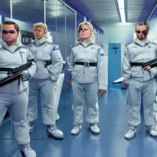 Image similar to troop jack black clones with white bob hairdos, tight light blue and lavender neopren suits, futuristic cloning facility, sci - fi, highly detailed, cinematic