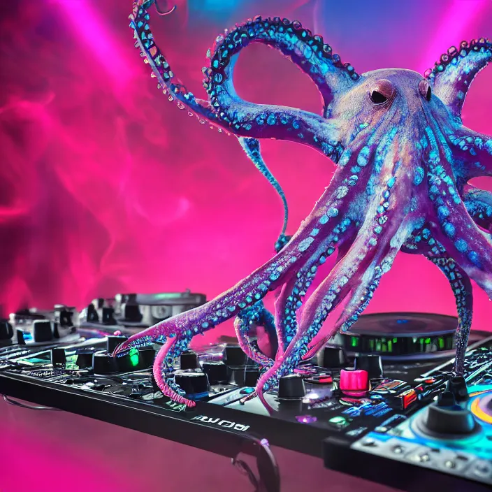 Prompt: award winning closeup photo of an octopus! as a dj with tentacles! simultaneously placed turntables cdjs and knobs of a pioneer dj mixer. sharp, blue and fuschia colorful lighting, in front of a large crowd, studio, medium format, 8 k detail, volumetric lighting, wide angle, at an outdoor psytrance festival main stage at night, concept art