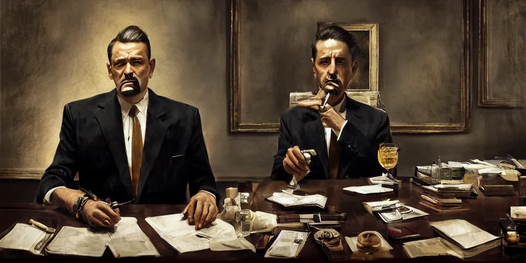 Image similar to beautiful oil matte portrait painting, mafia boss holding a cigar at his 5 0 s new york office desk, wonderful masterpiece highly detailed, beautiful cinematic light deep focus, elegant, digital painting, smooth, sharp focus, golden ratio, dramatic illumination, ultra realistic, 8 k, art by jimmy law