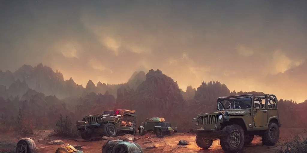 Prompt: Jeep Willys, an epic fantasy, dramatic lighting, cinematic, establishing shot, extremely high detail, photorealistic, cinematic lighting, artstation, by simon stalenhag, horizon forbidden west