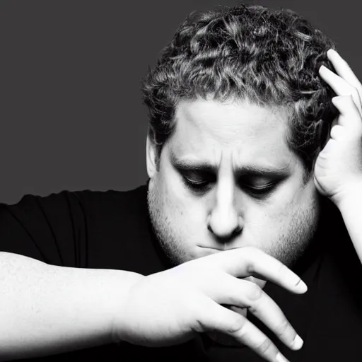 Prompt: studio photo of jonah hill being annoyed rubbing his eyes with fingers, photorealistic, frame, 50mm