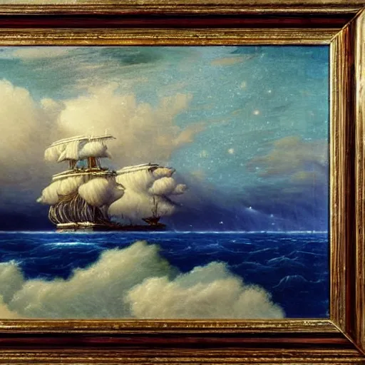 Image similar to clouds made out of the universe with luminous skies and a ship sailing in the distance, fitz Henry lane, painting, detailed