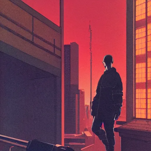 Image similar to a portrait of a cyberpunk man staring at the camera with dramatic lighting, by kawase hasui, moebius, edward hopper, colorful flat surreal design, hd, 8 k, trending on artstation