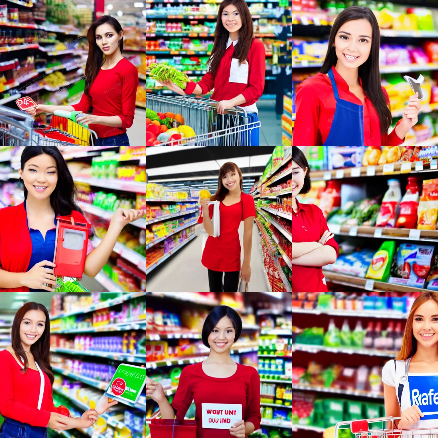 Prompt: beatiful girl as cashier at supermarket, wearing red, big sign 5 at background