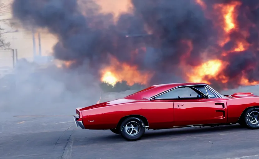 Prompt: a red 1 9 6 8 dodge charger r / tdriving high speed, fire explosion in the background, action scen. realistic. high resolution. dramatic