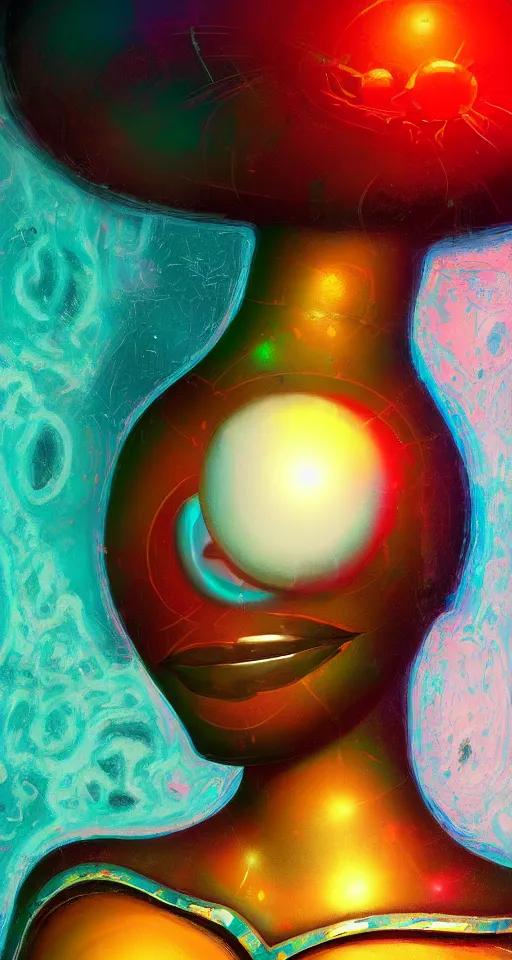 Image similar to art deco close up portait of mushroom head surrounded by spheres, like a dream digital painting cinematic dramatic fluid lines otherworldly vaporwave interesting details rule of thirds epic composition by artgerm basquiat