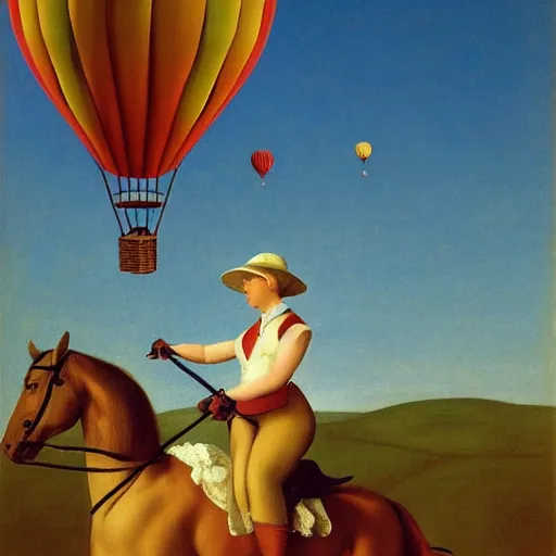 Image similar to a pure lady riding her horse, hot-air-balloon in the background, by Raphael, Hopper, and Rene Magritte. detailed, romantic, enchanting, trending on artstation.