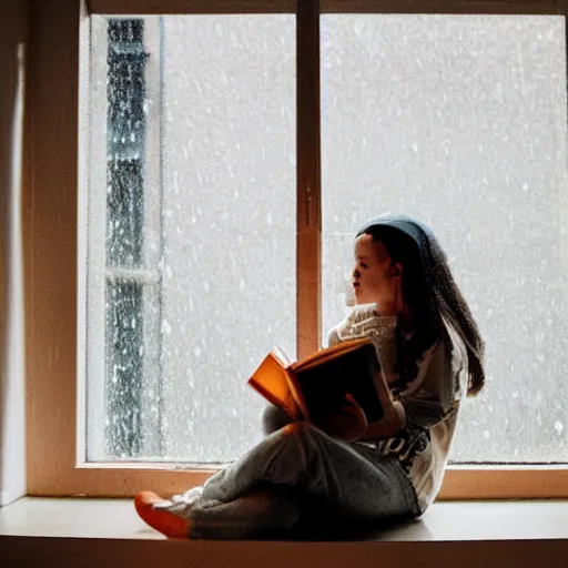 Prompt: lofi hiphop girl reading by the window on a rainy day ,40 mm, 1/100 sec, f/2.8, ISO 800