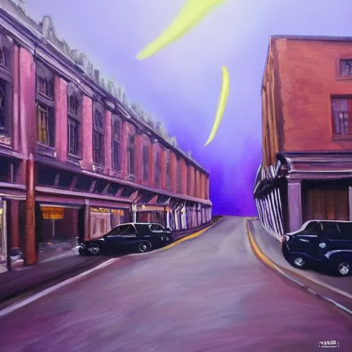 Image similar to hyperrealistic painting of old town, terrifying, purple dim light, ghosts flying from 8 floors building