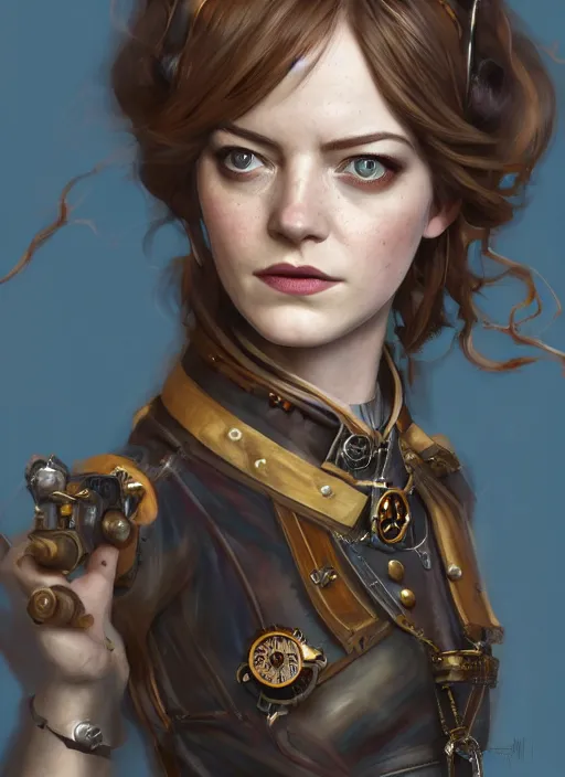 Image similar to steampunk portrait of emma stone as emma watson, hyper detailed, digital art, cinematic lighting, studio quality, smooth render, unreal engine 5, octane rendered, art style by klimt and nixeu and ian sprigger and wlop and krenz cushart.