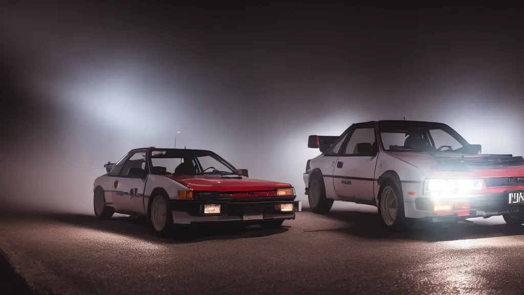 Image similar to a toyota ae 8 6 with pop up headlights, cinematic, long exposure, white balance, 8 k, led, lumen global illumination, fog, ray tracing reflections