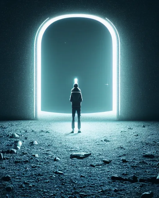 Image similar to a person standing in front of a glowy open door that's on a barren moon, poster art by mike winkelmann, trending on cg society, space art, sci - fi, ue 5, futuristic, volumetric lighting, light casting onto the ground, neat composition and camera angle