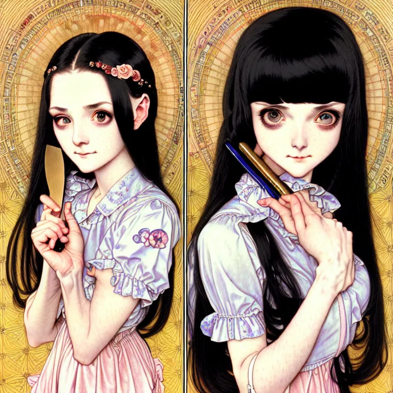Prompt: portrait of a morbid 18 year old youth wearing a pretty little dress with straight silky black hair, in a butcher shop, holding a butcher knife. insanely and epically detailed high-quality small details, beautiful golden ratio, exquisitely detailed soft shadowing, epic pencil illustration, by Range Murata and by Alphonse Mucha and by Katsuhiro Otomo.