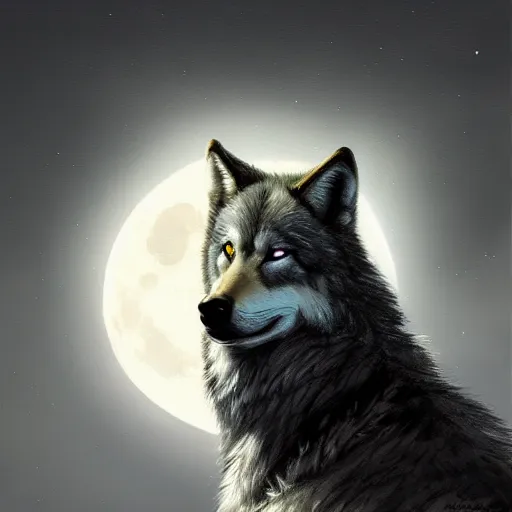 Image similar to beautiful portrait painting of a wolf in front of a full moon, atmospheric epic lighting, cgsociety, trending on artstation