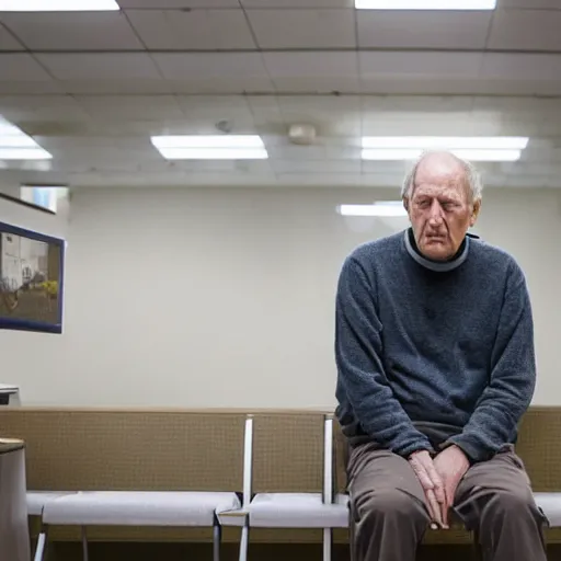 Image similar to wide angle portrait of werner herzog sitting alone in the waiting area of the dmv wearing a birthday party hat. wide shot, ansel adams, award winning, hyperrealistic, grand budapest hotel, studio lighting, very detailed face, chiaroscuro, film noir