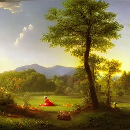 Prompt: a calm meadow, picnic, harmony of nature, infinite dawn, angelic light, sparkling dew, by asher brown durand, by iyoshitaka amano