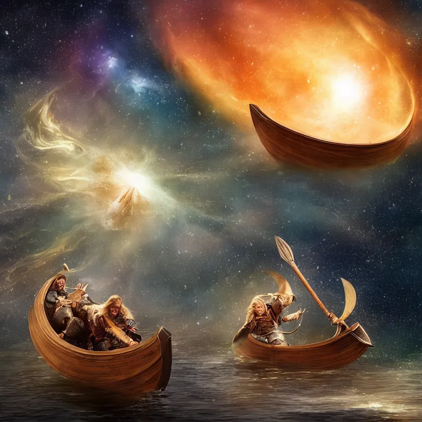 Prompt: a medieval viking longboat rowing through an ocean that is a nebula, several supernovae in the background, distant black hole ejecting a near light speed stream of matter across the scene